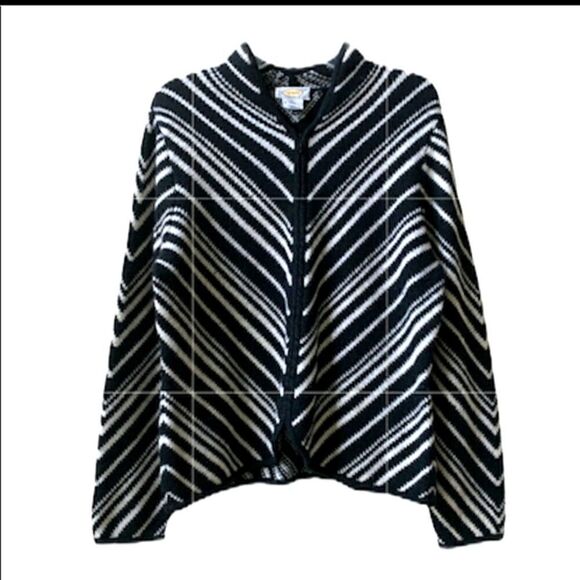 Talbots Petites Cardigan Sweater 100% Wool‎ Black White Striped size Medium - Picture 3 of 5